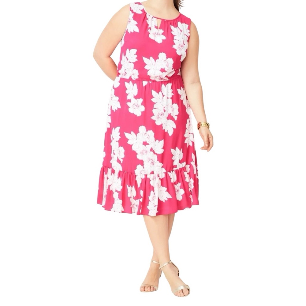 Talbots Plus New Elastic Waist‎ Chiffon Floral Midi Dress 16W Pink Sleeveless